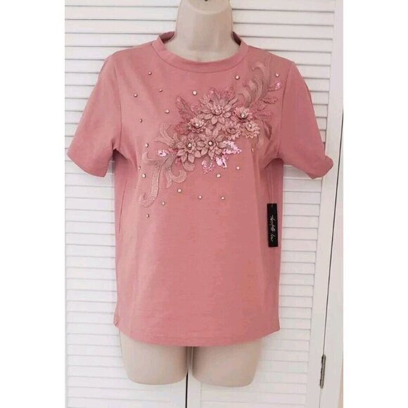 NWT TWELFTH LOVE  3D FLOWER BEADED SEQUINED APPLIQUE PINK TOP SZ SMALL - Picture 1 of 8